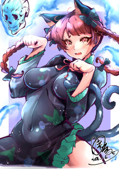 1girl absurdres animal_ears black_bow black_dress border bow braid breasts cat_ears cat_tail clenched_hands commentary_request dated dress extra_ears frilled_dress frills hair_bow highres kaenbyou_rin kinoshita_kaeru large_breasts long_hair looking_at_viewer multiple_tails open_mouth paw_pose purple_background red_eyes red_hair side_braids signature simple_background skull solo tail touhou twin_braids two_tails white_border