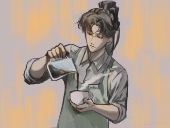 Rule 34 | 1boy, absurdres, apron, black eyes, black hair, character name, coffee, collared shirt, commentary, cup, curtained hair, english commentary, expressionless, green apron, high ponytail, highres, holding, holding cup, holding pitcher, logicsterrr, pitcher (container), ponytail, pouring, shadow slave, shirt, short hair, sleeves rolled up, solo, sunny (shadow slave), white shirt