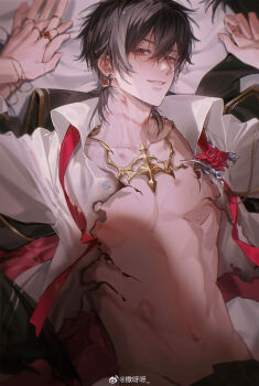 1boy absurdres aiguillette assertive_female ayn_alwyn ayn_alwyn_(infinite_empire) black_hair black_jacket black_pants blush boutonniere burnt_clothes chinese_commentary collared_jacket collared_shirt earrings flower gem hair_between_eyes hickey highres hip_bones holding_hands jacket jewelry long_sleeves looking_at_viewer lovebrush_chronicles lying male_focus multiple_rings necklace necktie nipples on_back on_bed open_clothes open_shirt pants parted_lips pov pov_hands red_eyes red_flower red_gemstone red_necktie red_rose ring rope_marks rose sayahime shadow shirt short_hair smirk solo sweat toned toned_male undone_necktie upper_body watermark weibo_watermark white_shirt yukadon