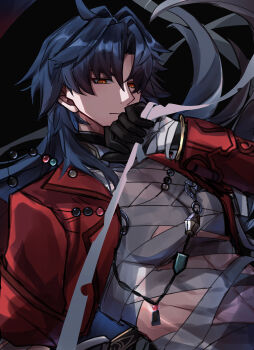 1boy absurdres ahoge bandages bangle black_background blade_(elation)_(honkai:_star_rail) blade_(honkai:_star_rail) blue_hair bracelet double-parted_bangs highres honkai:_star_rail honkai_(series) jacket jewelry long_hair monyo_ex necklace open_clothes orange_eyes pectorals red_jacket symbol-shaped_pupils toned toned_male very_long_hair