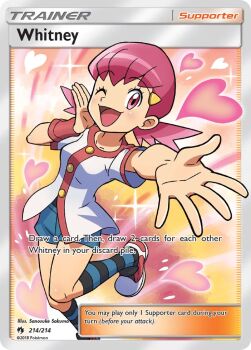 1girl ;d artist_name black_socks blue_shorts blue_socks blush card_(medium) character_name company_name copyright_name copyright_notice english_text eyelashes hair_ornament hairclip heart jacket nintendo official_art one_eye_closed open_mouth outstretched_arm pink_eyes pink_hair pokemon pokemon_card pokemon_hgss pokemon_tcg sakuma_sanosuke shoes short_shorts short_sleeves shorts smile socks solo standing standing_on_one_leg striped_clothes striped_socks third-party_source trading_card twintails two-tone_socks white_jacket white_shoes whitney_(pokemon)