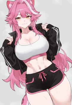 1girl :3 absurdres alternate_costume animal_ear_fluff animal_ears black_jacket black_shorts bluefield breasts center-flap_bangs cleavage dolphin_shorts grey_background highres hololive hololive_english jacket large_breasts long_hair looking_at_viewer midriff multicolored_hair navel open_clothes open_jacket panther_ears panther_girl panther_tail pink_hair raora_panthera short_shorts shorts sidelocks simple_background solo sports_bra streaked_hair tail thigh_gap track_jacket very_long_hair virtual_youtuber white_hair white_sports_bra yellow_eyes