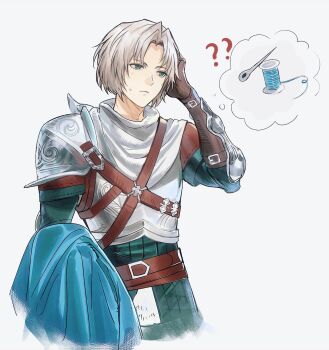 1boy armor blue_eyes blue_jacket breastplate brown_gloves closed_mouth commentary_request cowboy_shot gloves grey_hair hand_up highres holding_cloth jacket keta040429 male_focus needle octopath_traveler octopath_traveler:_champions_of_the_continent octopath_traveler_0 pauldrons scarf sewing_needle short_hair shoulder_armor simple_background single_pauldron solo speech_bubble spool standing thought_bubble viator_(octopath_traveler) white_background white_scarf