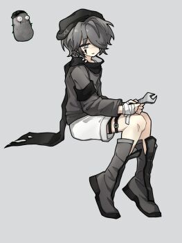 Rule 34 | 1boy, bandaged hand, bandages, black hat, black scarf, boots, cheek tattoo, closed mouth, cross-laced headwear, full body, grey background, grey boots, grey hair, grey shirt, hair over one eye, hat, highres, holding, holding wrench, imitater (plants vs. zombies), invisible chair, ive0iv7307, knee boots, knees together feet apart, long sleeves, male focus, official art inset, one eye covered, personification, plants vs. zombies, reference inset, scarf, shirt, short hair, shorts, simple background, sitting, smile, solo, tattoo, white eyes, white shorts, wrench