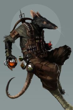 1boy ammunition_belt ammunition_pouch arrow_(projectile) bandaged_leg bandages boonyboy bow_(weapon) commission crossbow explosive feet_out_of_frame flask furry grenade grey_background grey_shirt highres holding holding_grenade looking_ahead mouse_(animal) mouse_tail original pouch profile rat_boy shirt tail weapon yellow_eyes