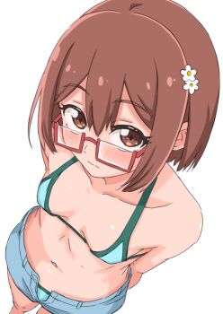 1girl arms_behind_back bikini bikini_under_clothes blue_bikini blue_shorts breasts brown_eyes brown_hair collarbone commentary flower from_above glasses hair_flower hair_ornament hakuino_hakase highres looking_at_viewer maru_(hakuino_hakase) navel open_fly original rectangular_eyewear red-framed_eyewear semi-rimless_eyewear short_hair short_shorts shorts simple_background small_breasts solo standing swimsuit under-rim_eyewear white_background