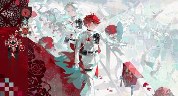 Rule 34 | 2boys, absurdres, ahoge, aotsuki eito, architecture, belt, belt pouch, bird, black belt, black hair, blue eyes, cape, closed mouth, cloud, earrings, feet out of frame, floral print, flower, from above, gloves, hair between eyes, highres, holding, jacket, jewelry, long hair, long sleeves, male focus, multicolored hair, multiple boys, outstretched arm, pants, petals, pigeon, pouch, purple eyes, railing, red flower, red hair, red rose, rose, rose print, shirt, short hair, sky, smile, stairs, standing, streaked hair, sumino takumi, the hundred line -last defense academy-, white gloves, white hair, white jacket, white pants, white shirt, xiya ( xiyaa )