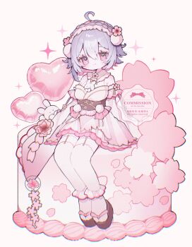 1girl ahoge artist_name bare_shoulders blush brown_sandals closed_mouth commentary commission double-parted_bangs dress frilled_dress frills full_body hair_between_eyes hairband highres looking_at_viewer okobo original pink_eyes pink_hairband platform_sandals purple_hair sandals short_hair simple_background sitting smile solo symbol-only_commentary tabi thighhighs upa_papa_co watermark white_background white_dress white_thighhighs