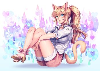 1girl animal_ears artist_collaboration artist_name bare_legs blonde_hair blue_eyes blush breasts buttons cat_ears cat_girl cat_tail cleavage collared_shirt commentary commission crossed_ankles english_commentary facial_mark fingernails flower full_body gold_shoes green_eyes grin hair_between_eyes heart heart_background heterochromia high_heels high_ponytail highres knees_up lips long_hair looking_at_viewer medium_breasts michiroon open-toe_shoes original parted_lips partially_unbuttoned pink_flower pink_shorts ponytail puffy_short_sleeves puffy_sleeves purple_background sasucchi95 shadow shirt shoes short_shorts short_sleeves shorts sidelocks simple_background sitting smile solo sparkle_background tail toes v_arms watermark whisker_markings white_background white_shirt yellow_tail