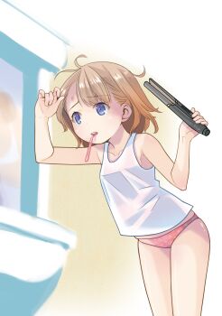 1girl absurdres adjusting_hair antenna_hair bare_shoulders blue_eyes breasts brown_hair camisole collarbone curling_iron highres holding_curling_iron indoors leaning_forward mouth_hold original panties parted_bangs pink_panties polka_dot polka_dot_panties pop_(electromagneticwave) short_hair simple_background sketch_background small_breasts solo teeth toothbrush toothbrush_in_mouth underwear upper_teeth_only white_camisole