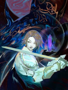 Rule 34 | 1girl, absurdres, amano yoshitaka (style), armor, black hair, blue eyes, commentary, crystal, ear piercing, final fantasy, final fantasy xiv, gauntlets, golbez (ff14), highres, holding, holding sword, holding weapon, ignsart, looking to the side, paladin (final fantasy), pauldrons, piercing, short hair, shoulder armor, sideways glance, sword, untranslatable commentary, upper body, weapon, zero (ff14)