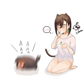 Rule 34 | 1boy, 1girl, absurdres, animal ears, ayase momo, bare legs, barefoot, breasts, brown hair, cat ears, cat girl, closed eyes, dandadan, dog, earrings, feet, hachi (chisano hako), highres, jewelry, shirt, t-shirt, takakura ken (dandadan), toes, tongue, tongue out, white background, white shirt