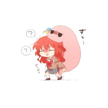 Rule 34 | 1girl, ?, blush, bocchi the rock!, bow, bowtie, brown shirt, brown shoes, carrying, chibi, chibi only, closed eyes, commentary request, gotoh hitori, gotoh hitori (tsuchinoko), grey skirt, kita ikuyo, long hair, long sleeves, open mouth, pleated skirt, rebecca (keinelove), red bow, red bowtie, red hair, shirt, shoes, simple background, skirt, socks, standing, translation request, white background, white socks