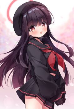 1girl :d artist_name beret black_choker black_gloves black_hair black_hat black_sailor_collar black_serafuku black_shirt black_skirt blue_archive blurry blurry_background choker commentary_request cowboy_shot crop_top falling_petals gau_(n00_shi) gloves halo hat highres justice_task_force_member_(blue_archive) long_hair long_sleeves looking_at_viewer midriff_peek neckerchief open_mouth petals pleated_skirt red_eyes red_halo red_neckerchief sailor_collar school_uniform serafuku shirt skirt smile solo very_long_hair