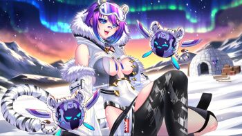 1girl animal_ears aurora black_thighhighs blue_eyeliner blue_eyes blue_hair breasts cleavage cropped_jacket eyeliner fur-trimmed_jacket fur_trim highres indie_virtual_youtuber jacket leotard looking_at_viewer maiulive makeup medium_breasts melody_(projektmelody) melody_(projektmelody)_(12th_costume) mountain multicolored_hair open_mouth purple_hair see-through_clothes see-through_jacket sky smile solo star_(sky) starry_sky streaked_hair t0m_(projektmelody) tail teeth thighhighs tiger_ears tiger_girl tiger_tail upper_teeth_only virtual_youtuber white_jacket white_leotard