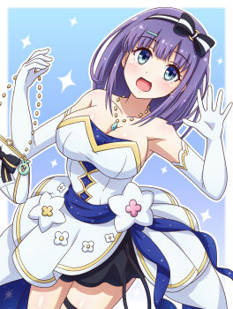 Rule 34 | 1girl, bag, black skirt, blue eyes, blue gemstone, blue sash, bow hairband, breasts, cleavage, dress, elbow gloves, flower, gem, gloves, hair ornament, hairband, hairclip, handbag, highres, holding, holding bag, jewelry, large breasts, medium hair, misora (princess connect!), necklace, off-shoulder dress, off shoulder, open mouth, princess connect!, purple hair, sash, skirt, solo, teardrop-shaped gem, thigh strap, waving, white dress, white flower, white gloves, yosuzu