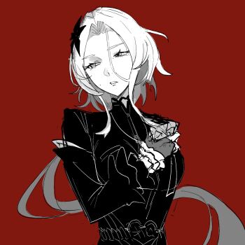 Rule 34 | 1girl, black dress, black flower, boutonniere, dress, flower, flower on chest, greyscale with colored background, hair between eyes, hair flower, hair ornament, highres, hy04sr, isolde (zenless zone zero), long hair, looking to the side, mole, mole on cheek, monochrome, parted lips, red background, simple background, solo, turtleneck, turtleneck dress, upper body, zenless zone zero