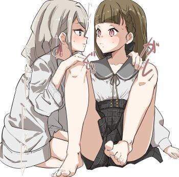 Rule 34 | 2girls, arrow (symbol), barefoot, blue eyes, blush, braid, brown hair, center-flap bangs, ceras yanagida lilienfeld, ceras yanagida lilienfeld (summer casual), commentary, contrast collar, dress, eye contact, frilled dress, frills, full body, grey hair, hand on another's shoulder, jacket, kachimachi kosuzu, kachimachi kosuzu (summer casual), knees up, link! like! love live!, llb, long hair, long sleeves, looking at another, love live!, multiple girls, neck ribbon, nervous sweating, open clothes, open jacket, parted lips, profile, ribbon, rounded collar, seiza, shirt, short dress, side braids, simple background, sitting, sweat, toes, virtual youtuber, white background, white dress, white jacket, white shirt, yuri