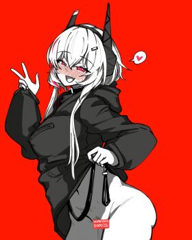 1girl black_jacket blush bright_pupils censored censored_by_text clothes_lift colored_skin fang flashing from_side girls&#039;_frontline hair_ornament hairclip headgear heart highres jacket jacket_lift lifting_own_clothes limited_palette looking_at_viewer m4_sopmod_ii_(girls&#039;_frontline) multicolored_hair naked_jacket narrowed_eyes nose_blush open_mouth pubic_hair pussy_juice red_background red_eyes sate short_hair_with_long_locks simple_background sleeves_past_wrists smile solo speech_bubble spoken_heart standing streaked_hair upper_body v walking white_pupils white_skin wombforce zipper