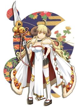 Rule 34 | 1girl, ahoge, anila (granblue fantasy), black sandals, black skirt, blonde hair, blunt bangs, breasts, cape, cleavage, commentary request, contrapposto, curled horns, draph, fur-trimmed cape, fur trim, gloves, granblue fantasy, hands on own hips, haniwa (leaf garden), highres, holding, holding polearm, holding weapon, horns, kouhaku nawa, large breasts, long hair, looking at viewer, miniskirt, naginata, okobo, pelvic curtain, platform sandals, pleated skirt, polearm, rope, sandals, sheep horns, shimenawa, shirt, skirt, solo, tabard, thick eyebrows, thighhighs, two-sided cape, two-sided fabric, v-shaped eyebrows, weapon, white cape, white gloves, white shirt, white tabard, white thighhighs, yellow eyes, zettai ryouiki