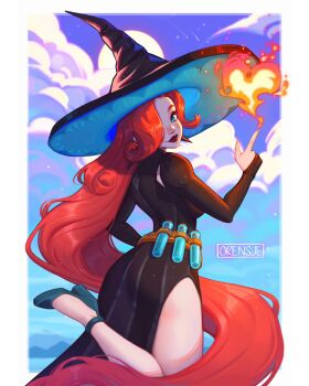 afk_(series) afk_arena afk_journey dress fire hat high_heels highres long_hair looking_at_viewer mirael_(afk_journey) orensje potion red_hair side_slit very_long_hair vial witch_hat
