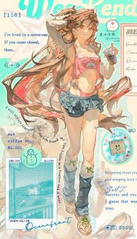 1girl blue_background blue_leg_warmers blue_skirt bow bow_legwear bra brown_eyes brown_hair brown_shoes cake chinese_commentary closed_mouth coffee commentary_request crop_top cup detached_sleeves disposable_cup drink drinking_straw earrings eyelashes food frilled_skirt frills fruit full_body green_bow hand_in_own_hair highleg highleg_panties highres holding holding_drink jewelry kneehighs knees leg_warmers light_blush long_hair long_sleeves looking_at_viewer menu microskirt multicolored_hair original panties photo_(object) pink_hair pink_panties pink_shirt shirt shoes skirt smile sneakers socks solo spoken_food standing star_(symbol) strawberry strawberry_shortcake streaked_hair sudong_tangyuan swept_bangs two-tone_background two_side_up underwear very_long_hair watermark weibo_watermark white_background white_bra white_sleeves white_socks y2k_fashion zoom_layer