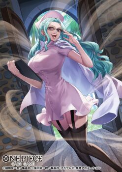 1girl alpha_(one_piece) aqua_hair black_thighhighs commentary_request copyright_name dress dutch_angle eyelashes garter_straps glasses hat holding long_hair looking_at_viewer nurse nurse_cap official_art one_piece one_piece_card_game palm_tree pink_dress rokushiro_koushi short_sleeves sidelocks smile solo thighhighs tree wind