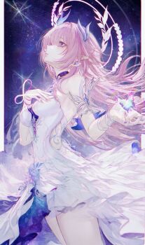 1girl absurdres armlet artist_name bare_shoulders blush breasts bug butterfly commentary covered_navel cyrene_(honkai:_star_rail) cyrene_(ripples_of_past_reverie)_(honkai:_star_rail) diamond_in_eye dress earrings english_commentary fingernails highres honkai:_star_rail honkai_(series) insect jewelry long_hair looking_up nail_polish open_mouth pillarboxed pink_eyes pink_hair pink_lips pink_nails pointy_ears purple_sky renoahh revision ring sky solo star_(sky) starry_sky thighs twitter_username white_dress