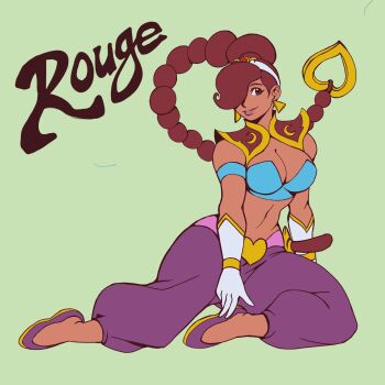 Rule 34 | 1girl, arabian clothes, braid, braided ponytail, breasts, brown eyes, brown hair, capcom, character name, cleavage, dark-skinned female, dark skin, gloves, hair ornament, hair over one eye, harem pants, highres, large breasts, long hair, navel, pants, power stone, rouge (power stone), sitting, smile, spoonshark, sword, very long hair, weapon