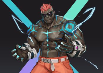 Rule 34 | 1boy, abs, absurdres, bara, biceps, dark skin, dislyte, electricity, glowing, glowing tattoo, highres, large pectorals, looking at viewer, male focus, manly, muscular, muscular arms, muscular male, pectorals, pink hair, tattoo, taylor (dislyte), traver009