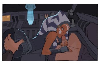 1boy 1girl ahsoka_tano alien amugea anakin_skywalker blue_eyes border colored_skin fellatio grabbing_another's_ass groping hetero highres interspecies oral orange_skin outside_border pov spacecraft_interior star_wars togruta white_border