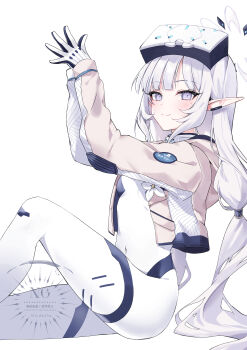 1girl absurdres blue_archive blush bodysuit breasts commentary_request gloves grey_jacket hair_tubes halo hane_yuki head-mounted_display highres himari_(armed)_(blue_archive) himari_(blue_archive) jacket long_hair long_sleeves looking_at_viewer mole mole_under_eye pointy_ears purple_eyes sidelocks sitting small_breasts smile solo thighs white_bodysuit white_gloves white_hair