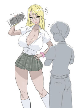 1boy 1girl blonde_hair breasts choker collared_shirt dark_skin earrings eu03 graphics_card gyaru hair_between_eyes hair_ornament hairclip hoop_earrings jewelry kneehighs large_breasts nvidia nvidia_gyaru_(eu03) open_clothes open_mouth open_shirt original plaid_clothes plaid_skirt scrunchie shirt skirt socks white_shirt wrist_scrunchie