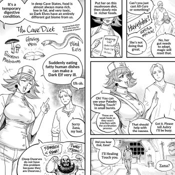 Rule 34 | 1boy, 2girls, absurdres, bb (baalbuddy), breasts, brother and sister, brother and step-sister, dark elf, earrings, eel, elf, english text, grack (dark elf stepsister), highres, jewelry, large breasts, left-to-right manga, moss, multiple girls, mushroom, nurse, original, pointy ears, siblings, speech bubble, sphere earrings, step-brother and step-sister, step-siblings, willford diccard, zana (dark elf stepsister)
