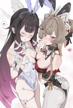 2girls absurdres alternate_costume animal_ear_hairband animal_ears bare_shoulders black_bow black_hair black_hairband black_leotard blue_eyes blue_hairband blunt_ends blush bow braid braided_bun breasts breasts_apart brown_hair closed_eyes closed_mouth coa_(35_seno) colored_inner_hair columbina_(genshin_impact) detached_collar detached_sleeves fake_animal_ears fake_tail genshin_impact gloves gradient_hair hair_bow hair_bun hairband head_wings highleg highleg_leotard highres large_breasts leotard multicolored_hair multiple_girls pantyhose pink_hair playboy_bunny pout rabbit_ear_hairband rabbit_ears rabbit_tail sandrone_(genshin_impact) sidelocks small_breasts smile strapless strapless_leotard tail two-tone_hair v white_bow white_gloves white_leotard white_pantyhose white_wings wings wrist_cuffs