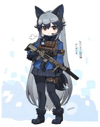 Rule 34 | 1girl, animal ears, armband, assault rifle, black armband, black footwear, black gloves, black hair, black pantyhose, black skirt, blue jacket, boots, brown eyes, cellien (kemono friends), chest rig, colored tips, commentary request, digital dissolve, extra ears, foregrip, fox ears, fox girl, fox tail, full body, fur-trimmed boots, fur trim, gloves, grey hair, gun, headphones for animal ears, headset, highres, holding, holding gun, holding weapon, jacket, kemono friends, long hair, long sleeves, looking at viewer, multicolored hair, optical sight, pantyhose, pleated skirt, puff of air, rifle, sigh, silver fox (kemono friends), simple background, skirt, solo, spawnfoxy, standing, suppressor, tail, thigh strap, translation request, very long hair, weapon, white background