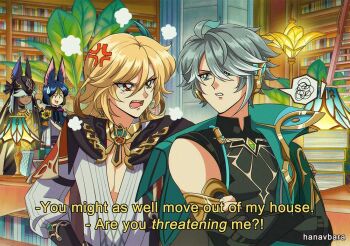 1990s_(style) 4boys ahoge alhaitham_(genshin_impact) anger_vein angry animal_ear_fluff animal_ears annoyed artist_name bare_shoulders belt black_choker black_gloves black_helmet black_pants black_shirt blonde_hair blue_eyes blue_hair blue_shirt blunt_ends book bookshelf brown_belt cape choker closed_eyes closed_mouth comedic_sweatdrop commentary crossed_arms crystal curtains cyno_(genshin_impact) dark-skinned_male dark_skin earrings elbow_gloves english_commentary english_text fake_animal_ears feather_hair_ornament feathers flower fox_boy fox_ears genshin_impact gloves gold_necklace green_cape green_hair grey_hair grey_shirt hair_between_eyes hair_ornament hair_over_one_eye hanavbara hand_on_own_hip helmet hood hooded_shirt indoors jewelry kaveh_(genshin_impact) leaf library long_hair long_sleeves looking_at_another male_focus mandarin_collar medium_hair multicolored_hair multiple_boys necklace nervous open_mouth pants pectoral_cleavage pectorals plant puffy_long_sleeves puffy_sleeves red_cape red_eyes retro_artstyle shirt short_hair short_sleeves sleeveless sleeveless_shirt smile speech_bubble stairs standing sweat sweatdrop table teeth tighnari_(genshin_impact) tongue two-tone_hair two-tone_shirt v-shaped_eyebrows vision_(genshin_impact) window yellow_flower