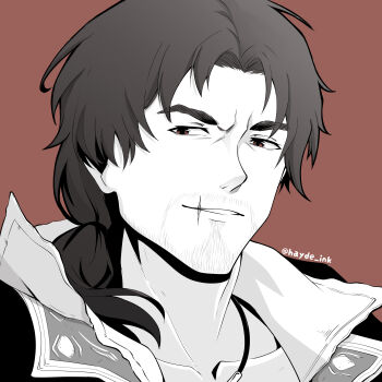 Rule 34 | 1boy, absurdres, assassin's creed (series), assassin's creed ii, beard stubble, brown background, brown eyes, ezio auditore da firenze, facial hair, greyscale with colored background, grin, hayde ink, highres, looking at viewer, low ponytail, male focus, mature male, multicolored hair, ponytail, portrait, scar, scar on face, scar on mouth, smile, solo, spot color, stubble, twitter username