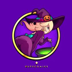 1girl alternate_costume animated ass blonde_hair blue_eyes candy cauldron cross-laced_clothes cross-laced_dress dress earrings food from_behind halloween_costume hat hat_ornament jack-o'-lantern jewelry lace leaning_forward long_hair mario_(series) mario_kart mario_kart_tour nintendo potion purple_background rosalina rosalina_(halloween) smile solo tagme upscomics video wand witch_hat