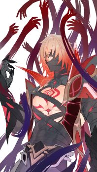 1boy absurdres bandage_over_one_eye bandaged_arm bandaged_torso bandages bandages_over_mouth blonde_hair braid chest_tattoo chron1897 collared_cape cosplay facial_tattoo gradient_hair highres honkai:_star_rail honkai_(series) large_pectorals male_focus medium_hair multicolored_hair mydei_(honkai:_star_rail) mystical_high_collar pectorals red_hair red_tattoo rerir_(genshin_impact) rerir_(genshin_impact)_(cosplay) shadow_hands side_braid solo tattoo yellow_eyes