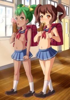 2girls absurdres backpack bag breastless_clothes breasts brown_eyes brown_hair dark-skinned_female dark_skin food green_hair highres ice_cream indoors licking loli multiple_girls nude public_indecency randoseru school school_uniform shameless shoes small_breasts the_dark_mangaka topless_female window zenra