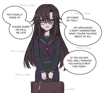 Rule 34 | 1girl, akaruiakiki, alternate universe, april fools, asymmetrical bangs, black serafuku, black skirt, briefcase, brown hair, commentary, cowboy shot, dream journey (umamusume), english commentary, glasses, grey eyes, hair between eyes, hatching (texture), highres, holding, holding briefcase, humanization, linear hatching, long hair, long sleeves, looking at viewer, muted color, neckerchief, pleated skirt, red neckerchief, school briefcase, school uniform, semi-rimless eyewear, serafuku, sidelocks, simple background, skirt, solo, speech bubble, twitter username, umamusume, under-rim eyewear, watermark, watermark grid, white background, winter uniform