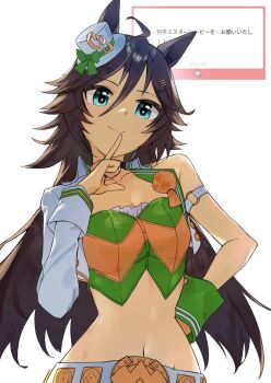 Rule 34 | 1girl, ahoge, animal ears, arm strap, asymmetrical jacket, breasts, brown hair, choker, closed mouth, collarbone, commentary request, cropped jacket, finger to mouth, green shirt, hair ornament, hand on own hip, hat, highres, horse ears, horse girl, jacket, long hair, looking at viewer, marshmallow (site), midriff, mini hat, mini top hat, mr. c.b. (clear bliss) (umamusume), mr. c.b. (umamusume), navel, shirt, single bare shoulder, single sleeve, single wrist cuff, smile, solo, strapless, strapless shirt, tetra (ktet4 illu), top hat, umamusume, upper body, white jacket, wrist cuffs, yellow choker