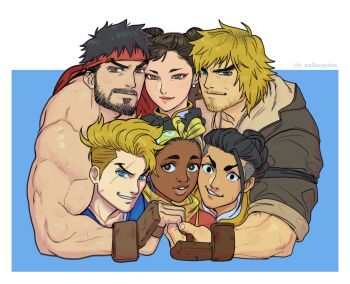 2girls 4boys bandana bara beard biceps black_hair blonde_hair blue_eyes brown_eyes brown_gloves brown_hair capcom cheek-to-cheek chun-li cropped_torso dark-skinned_female dark-skinned_male dark_skin double_bun earrings eyebrow_cut eyeshadow facial_hair facial_scar fingerless_gloves fist_bump forked_eyebrows gloves group_hug hair_bun headband heads_together heart heart_hands heart_hands_duo highres hug jamie_siu jewelry ken_masters kimberly_jackson looking_at_viewer luke_sullivan makeup mature_male multiple_boys multiple_girls muscular muscular_male mustache red_headband ryu_(street_fighter) scar scar_across_eye scar_on_arm scar_on_cheek scar_on_face scene_reference short_hair smile street_fighter street_fighter_6 stubble thick_eyebrows topless_male veins veiny_arms very_dark_skin wallace_pires