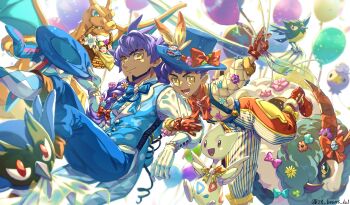 2boys \||/ alternate_costume animal_ears azumarill bad_id bad_pixiv_id balloon blue_headwear bow bright_pupils brothers charizard closed_mouth commentary_request dark-skinned_male dark_skin drifloon dubwool easter facial_hair gen_1_pokemon gen_2_pokemon gen_4_pokemon gen_8_pokemon gloves hat hat_bow highres holding holding_string holding_unworn_clothes holding_unworn_hat hop_(pokemon) komame_(st_beans) leon_(pokemon) locked_arms long_hair long_sleeves looking_at_viewer lower_teeth_only male_focus multiple_boys nintendo open_mouth pokemon pokemon_(creature) pokemon_swsh purple_hair rookidee scorbunny short_hair siblings smile string teeth togetic tongue unworn_hat unworn_headwear white_pupils yellow_eyes