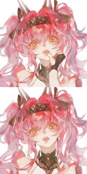 2girls absurdres black_bow black_gloves bow collar earrings female_pov female_rover_(wuthering_waves) finger_to_another&#039;s_mouth fingerless_gloves fingernails gloves hair_bow hairband headgear highres jewelry long_hair looking_at_viewer lupa_(wuthering_waves) metal_collar metal_hairband mian_tu_qiu missing_commentary multiple_girls multiple_hair_bows open_mouth pink_hair portrait pov pov_hands red_pupils rover_(wuthering_waves) simple_background solo twintails white_background wuthering_waves yellow_eyes