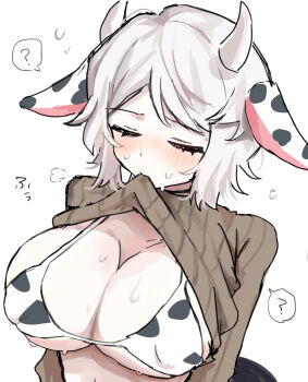 1girl ? @_@ animal_ears animal_print bikini blue_eyes blush breasts brown_sweater closed_eyes commentary_request covered_erect_nipples cow_ears cow_horns cow_print cow_print_bikini faust_(project_moon) highres horns large_breasts limbus_company marshmallow_(site) print_bikini project_moon request_inset ribbed_sweater ro/ku short_hair simple_background solo speech_bubble sweat sweater swimsuit white_background white_hair