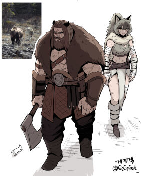 1boy 1girl abs absurdres animal_ears artist_name artist_self-insert axe bandaged_arm bandaged_hand bandages barbarian bear bear_boy bear_ears beard belt belt_pouch bracer brown_eyes brown_hair cloak creature_and_personification crop_top facial_hair fur-trimmed_bracer fur_cloak gegegekman girdle gradient_hair grey_hair hair_pulled_back highres holding holding_axe holding_weapon looking_at_another midriff multicolored_hair muscular muscular_male original pelvic_curtain personification photo_inset ponytail pouch reference_inset scar scar_across_eye scar_on_face scratches shirt signature sleeveless sleeveless_shirt sweatdrop walking weapon wolf wolf_ears wolf_girl yellow_eyes