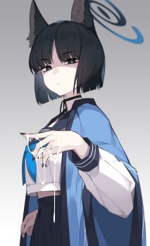 1girl absurdres animal_ear_fluff animal_ears black_choker black_eyes black_hair blue_archive blue_neckerchief blue_skirt blunt_ends breasts bright_pupils cat_ears choker commentary cropped_shirt cum cum_on_body cum_on_fingers cum_on_hands cum_string expressionless fingernails halo haori highres japanese_clothes kikyou_(blue_archive) long_sleeves looking_at_viewer medium_breasts midriff nail_polish neckerchief pepper0 pleated_skirt school_uniform serafuku shaded_face shirt short_hair simple_background skirt solo symbol-only_commentary white_pupils white_shirt