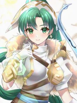 Rule 34 | 1girl, blush, bow (weapon), breasts, cape, closed mouth, commentary request, dress, earrings, fire emblem, fire emblem: the blazing blade, fire emblem heroes, fur-trimmed cape, fur cape, fur trim, gloves, green eyes, green hair, highres, holding, holding bow (weapon), holding weapon, jewelry, kakiko210, large breasts, long hair, looking at viewer, lyn (fire emblem), lyn (lady of the wind) (resplendent) (fire emblem), nintendo, official alternate costume, ponytail, smile, solo, thighs, upper body, weapon, white dress, white gloves